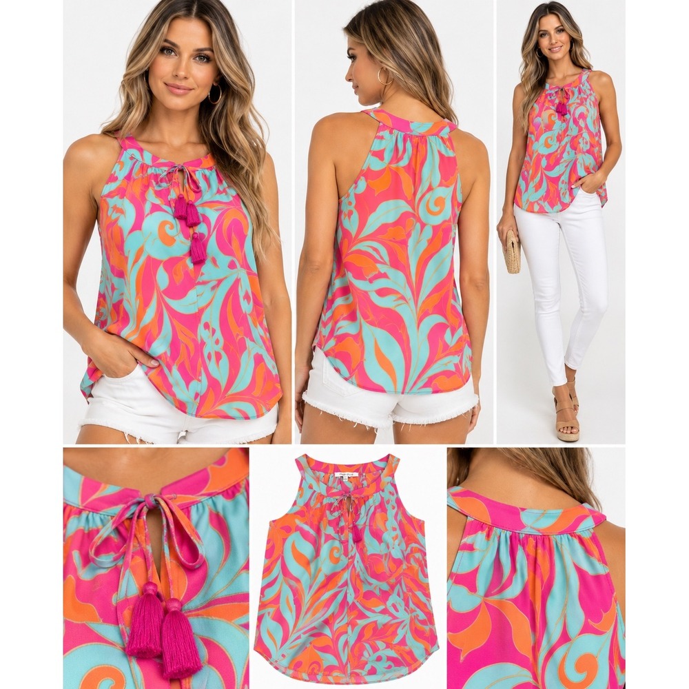 Rose + Olive Pink Orange Abstract Leaf Print Tassel Halter Tank Top Large